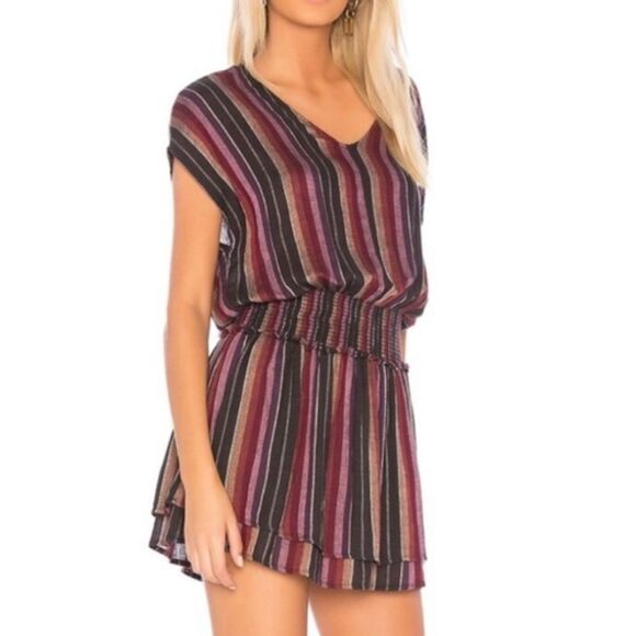 Rails Lucca Mini Dress Women's Sz S Linen Blend Striped Smocked V-Neck Coquette - Picture 3 of 16